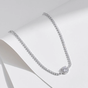 Élégant collier tennis en argent S925 avec pendentif halo rond étincelant pour femme