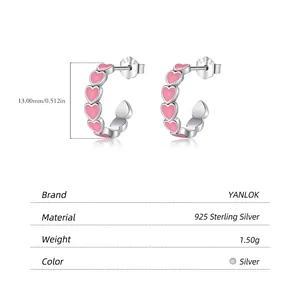 Pink heart-shaped 925 sterling silver hoop earrings with 13mm diameter dimensions
