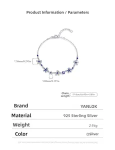 Detail view of S925 sterling silver flower bracelet with blue zircon and size parameters
