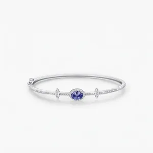 S925 Sterling Silver Sparkling Zirconia Bangle Bracelet For Women Elegant Oval Blue Stone Inlaid Luxury Fashion Hand Jewelry