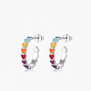 925 Sterlingsilber Herz Ohrstecker Für Damen Regenbogen Emaille Bunt Süß Cool Mode Schmuck Ohrlochpiercing
