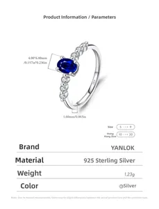 Macro view of s925 sterling silver ring featuring oval blue stone and side diamonds
