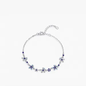 925 Sterling Silver Gradient Blue Flower Bracelet For Women Cubic Zirconia Floral Link Chain Adjustable Elegant Fashion Jewelry Gift