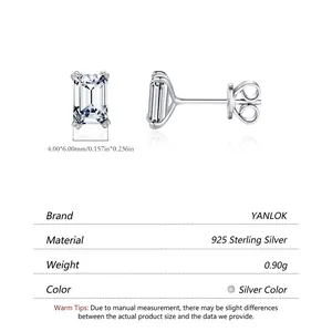 S925 sterling silver stud earrings featuring emerald cut cubic zirconia 4x6mm