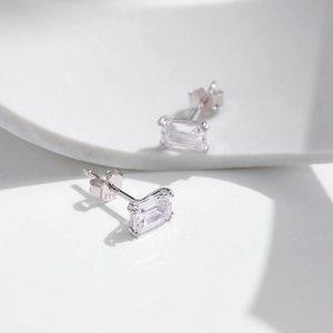 Minimalist S925 sterling silver stud earrings with emerald cut clear rectangle stones