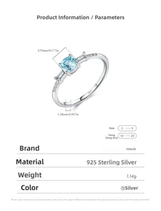 Detailed view of S925 sterling silver ring with light blue gemstone and CZ side stones