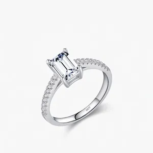 925 Sterling Silver Emerald Cut Rhinestone Ring For Women Elegant Sparkling Simulated Diamond Engagement Wedding Band Jewelry