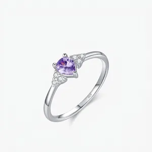 Bague en Argent Sterling 925 Avec Strass Violet en Forme de Goutte pour Femme Bijoux de Mode Élégants en Forme de Coeur Cadeau
