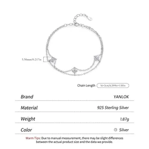 Double-layered s925 sterling silver four-leaf clover bracelet with sparkling zircons