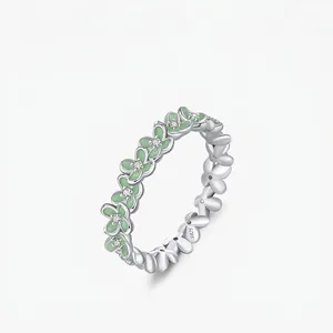S925 Sterling Silver Flower Clover Ring For Women Light Green Enamel Inlaid Zirconia Chic Mint Green Finger Ring Jewelry