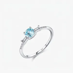 925 Sterling Silver Light Luxury Round Blue Stone Ring With Zirconia Accents Elegant Fashion Jewelry Accessory For Women