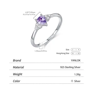 Bague élégante en argent s925 avec pierre violette en cœur et diamants en goutte