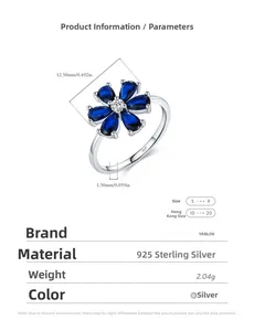 Detail of s925 silver flower ring showing blue petals, zircon center, and s925 hallmark