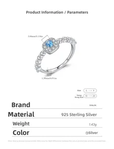 Specifications of s925 silver ring with square blue gemstone and wavy diamond band