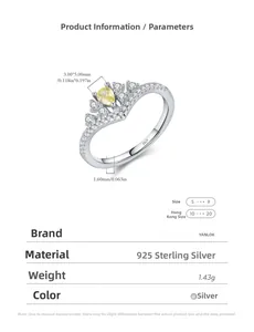 Détails de la bague couronne avec pierre jaune 3x5mm et anneau en argent massif s925