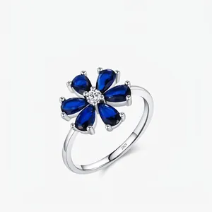 925 Sterling Silver Blue Flower Ring For Women Cubic Zirconia Inlaid Elegant Floral Teardrop Petal Finger Ring Jewelry Gift