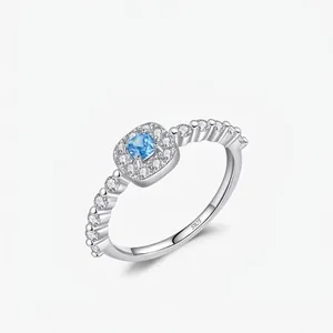 925 Sterling Silver Ring For Women Luxury Square Blue Gemstone Halo Rhinestone Inlaid Geometric Fashion Jewelry Finger Ring