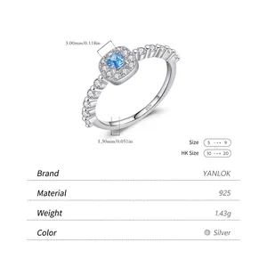 Exquisite S925 sterling silver ring featuring square blue cubic zirconia and side stones