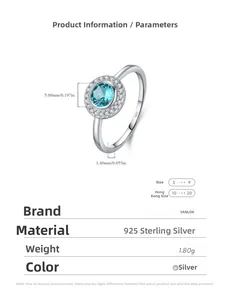 Dettagli dell'anello in argento S925 con pietra blu da 5mm e misure della fascia
