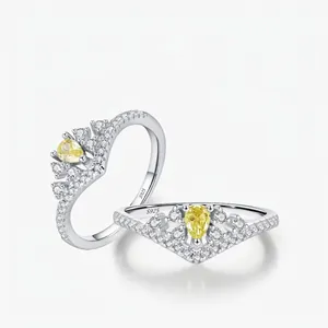 Bague Couronne en Argent Sterling 925 pour Femme Zirconia Jaune Taille Poire Forme en V Style Palais Vintage Bijoux