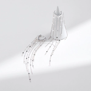 Elegant S925 sterling silver V-shape heart hoop earrings with long shimmering tassels