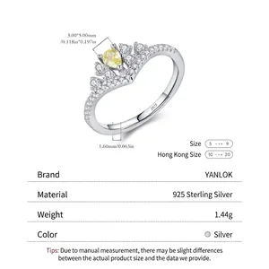 Bague couronne en V élégante en argent s925 avec gemme jaune et zircons étincelants