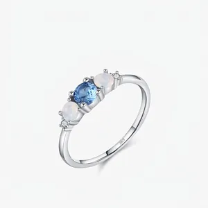 S925 Sterling Silver Three Stone Ring For Women Blue Rhinestone White Artificial Opal Round Geometric Finger Ring Fashion Jewelry