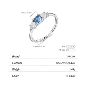 S925 sterling silver geometric ring with blue sapphire and white opal stones