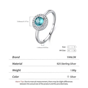 Elegante anello in argento S925 con gemma blu e alone di diamanti micro-pave