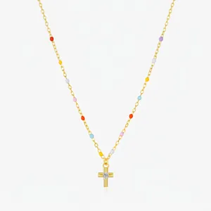 925 Sterling Silver Cross Pendant Necklace For Women Gold Plated Colorful Beads Zirconia Minimalist Fashion Jewelry Clavicle Chain