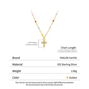 Gold s925 silver cross necklace with colorful beads and zircon, 40+5cm chain length