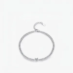 925 Sterling Silver Heart Single Rhinestone Bracelet For Women Sweet Cool Style Curb Chain Adjustable Trendy Jewelry Gift