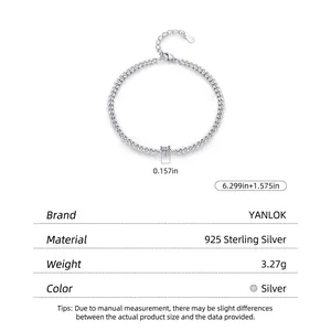 S925 sterling silver bracelet with square cubic zirconia and adjustable chain for women