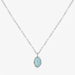 925 Sterling Silver Opal Necklace For Women Minimalist Wave Clavicle Chain Oval Blue Synthetic Opal Pendant Jewelry