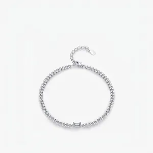 925 Sterling Silver Geometric Bracelet For Women Rectangular Zirconia Minimalist Street Style Curb Chain Adjustable Jewelry