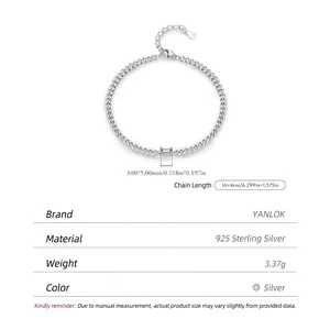 S925 sterling silver chain bracelet with emerald-cut cubic zirconia and sizing chart