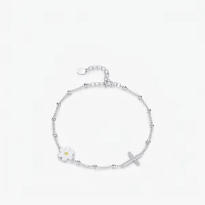 925 Sterling Silver Daisy Cross Bracelet For Women Pave Rhinestone White Enamel Flower Charm Beaded Chain Adjustable Bracelet Jewelry