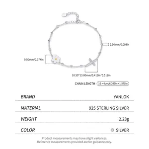 S925 sterling silver beaded bracelet with daisy and diamond cross charms for women