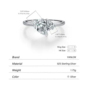 S925 sterling silver ring featuring dual pear-cut cubic zirconia with size specifications