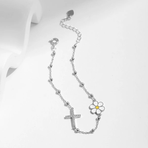 Elegant S925 sterling silver daisy and crystal cross bead bracelet for women