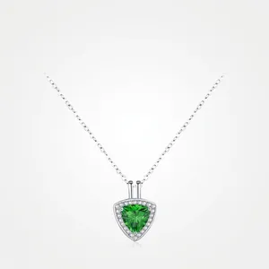 925 Sterling Silver Geometric Triangle Emerald Green Faux Gemstone Pendant Necklace Rhinestone Inlaid Vintage Jewelry For Women
