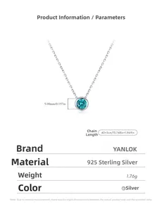 Detail of 925 sterling silver necklace with 5mm blue zircon pendant and size chart