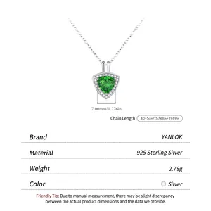 S925 sterling silver necklace with green triangle gemstone pendant and pavé diamonds
