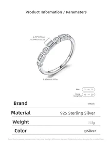 Macro shot of S925 sterling silver ring with cubic zirconia baguette and round stones