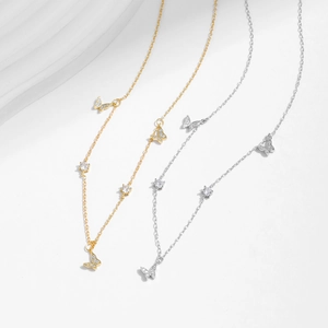Elegant S925 silver butterfly necklace with sparkling zircon pavé in gold and silver
