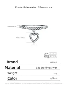 Detail specifications of s925 sterling silver heart pendant ring with diamond measurements