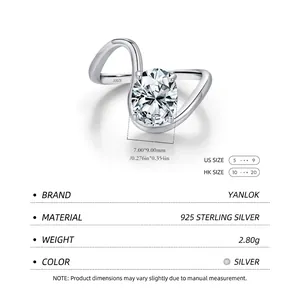 Irregular S925 sterling silver ring with 7x9mm oval sparkling zircon and twisted band