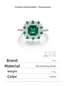 Detail of s925 silver ring with emerald-cut green stone and sparkling halo pavé setting
