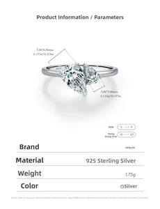 Detail view of S925 sterling silver ring featuring teardrop cubic zirconia and specifications
