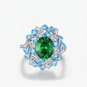 925 Sterling Silver Emerald Green Zirconia Ring Vintage Palace Style Flower Cluster Wedding Jewelry For Women